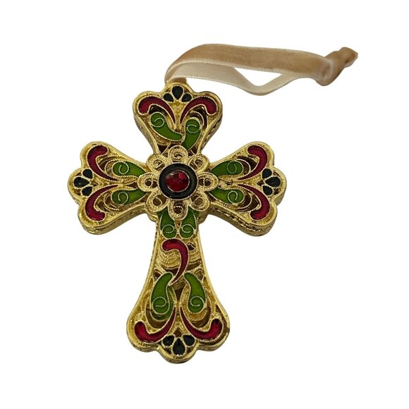 Pier 1 Imports Cloisonné Gold Tone Decorative Cross Ornament With Ribbon Hanger - Picture 2 of 8
